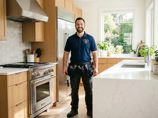 Appliance Repair Hero technician in a Boxford, MA kitchen after an appliance repair