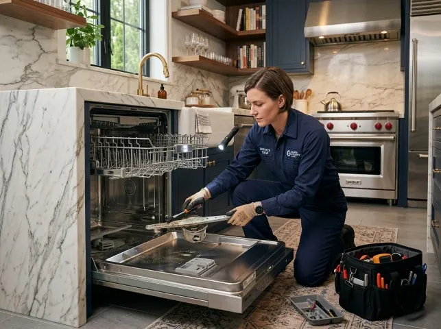 Appliance Repair Hero technician servicing a built-in dishwasher in a Boxford, MA kitchen