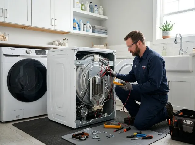 Appliance Repair Hero technician checking a dryer heating element with the rear panel off in Boxford, MA