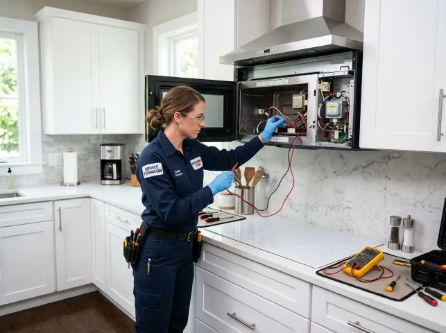 Appliance Repair Hero technician testing an over-the-range microwave in a Boxford, MA kitchen